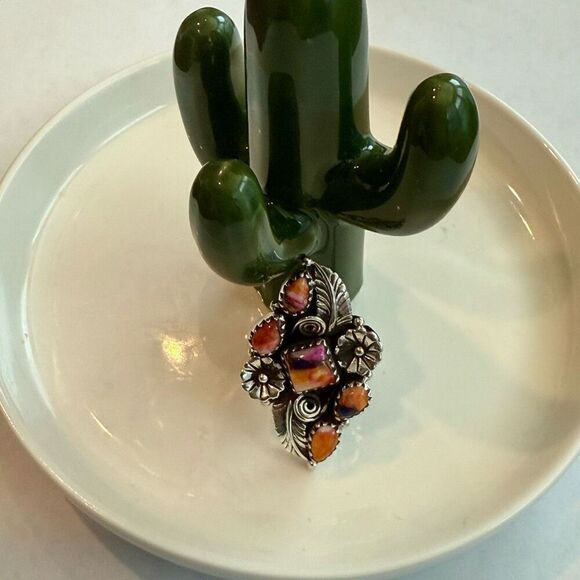 Spiny Turquoise Southwestern Statement Boho Ring Sterling Silver Floral Framed - Picture 5 of 10